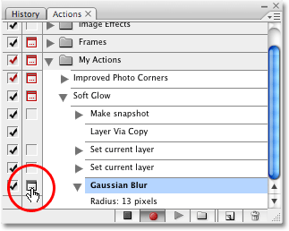 Clicking on the dialog box toggle icon for the Gaussian Blur step in the Actions palette. 