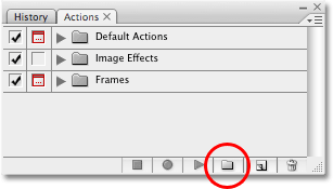 Create a new action set by clicking on the New Action Set icon in the Actions palette in Photoshop. 