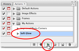 Selecting and playing the Soft Glow action in the Actions palette in Photoshop. 
