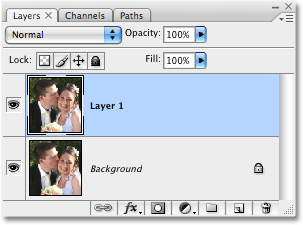 The Layers palette in Photoshop showing the Background layer and the new copy of the Background layer. 